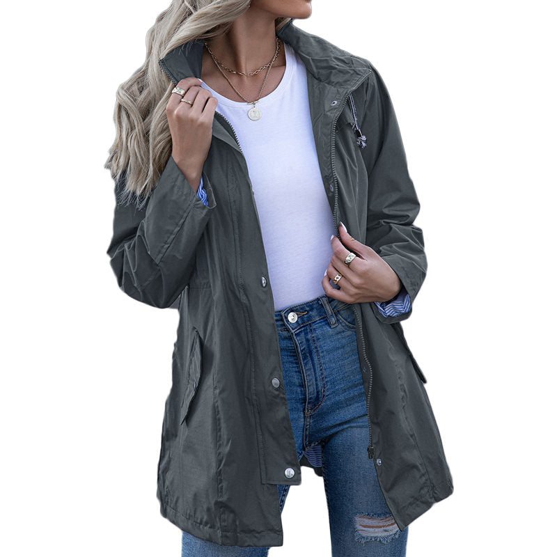 Beakey Rain Jacket for Women Striped Lined Hooded Lightweight Windbreaker-Dark Grey