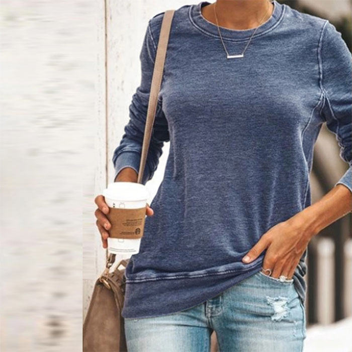 Beakey Womens Casual Crewneck Sweatshirt Long Sleeve Solid Color Loose Tops-Blue-8100