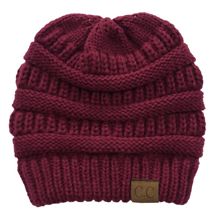 Beakey Soft Stretch Cable Knit Hat Ponytail Beanie Winter Hat For Women-Maroon