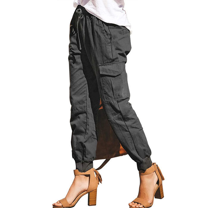 Beakey Women's Fashion Waist Cargo Pants Drawstring Trousers with Pockets-Gray-D29