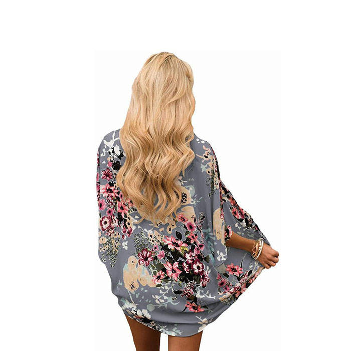 Beakey Women's Summer Floral Print Kimonos Loose Half Sleeve Chiffon Cardigan Blouses Casual Cover Up - Dark Gray