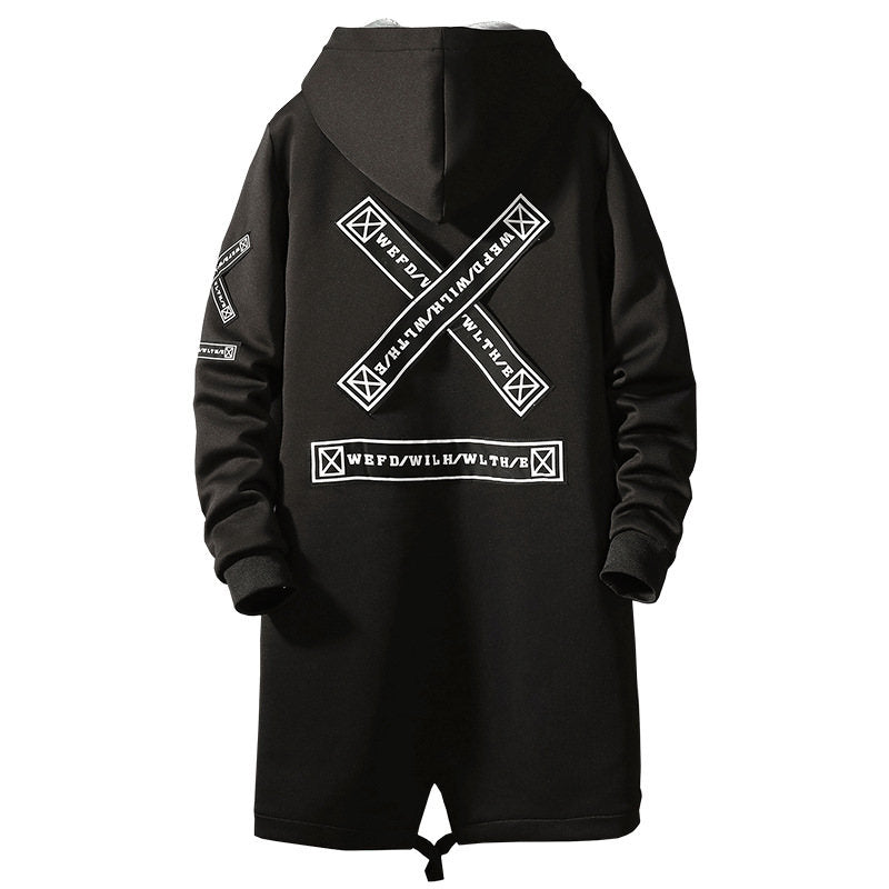 Beakey Hooded Windbreaker for Men Print Harajuku Zipper Long Jacket-Black