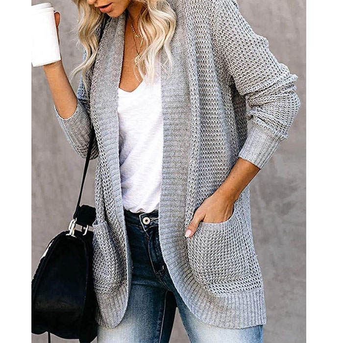 Beakey Womens Long Sleeve Cardigans Chunky Knit Draped Sweaters Outwear-Light Gray-220185