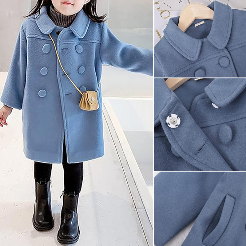 Beakey Long Pea Coat for Kids Girls Long Sleeve Button Outerwear Winter-Blue
