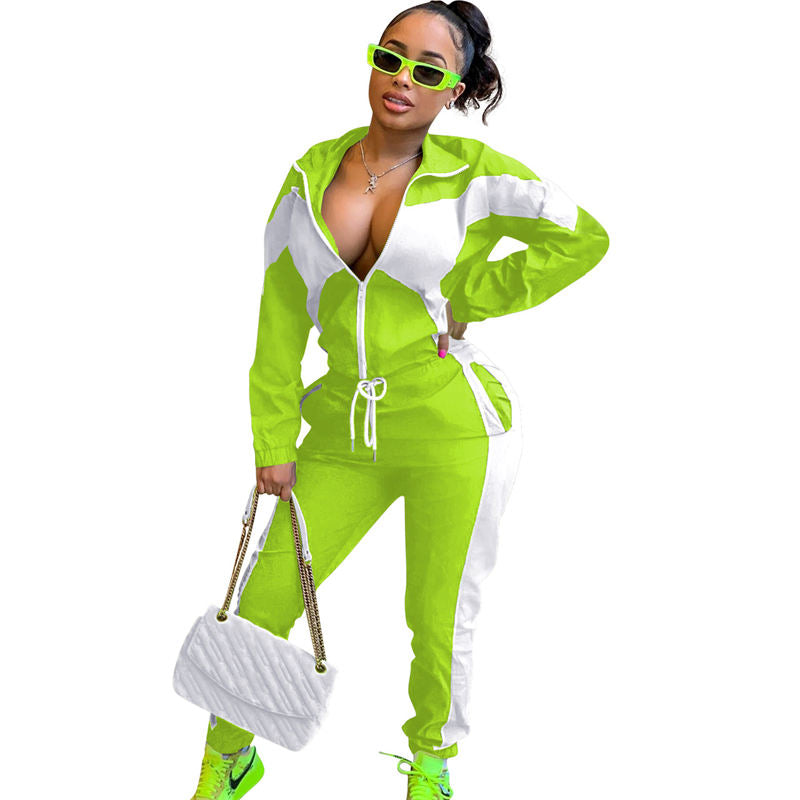 Beakey Womens Windbreaker Jacket Pants Colorblock Patchwork Tracksuit-Light Green