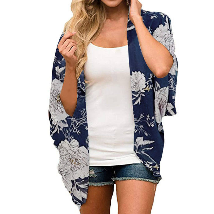 Beakey Women's Summer Floral Print Kimonos Loose Half Sleeve Chiffon Cardigan Blouses Casual Cover Up - Navy White Flower