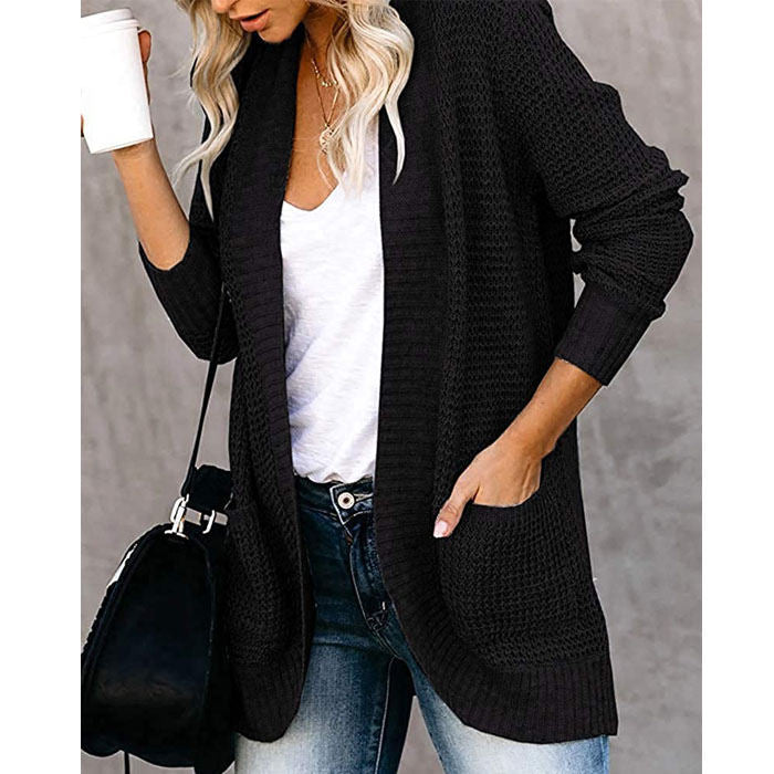 Beakey Womens Long Sleeve Cardigans Chunky Knit Draped Sweaters Outwear-Black-220185