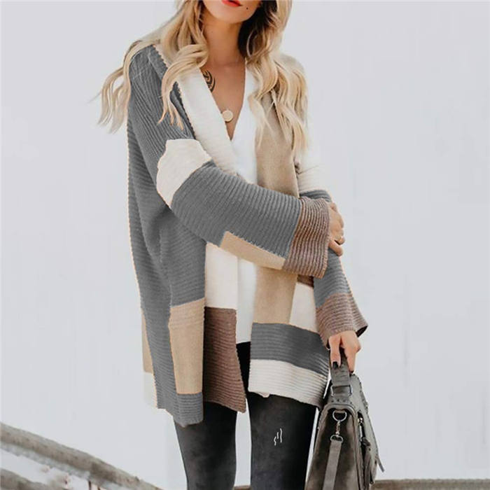 Beakey Womens Color Block Cardigan Open Front Sweaters Loose Knit Casual Coat-Gray-AL6009