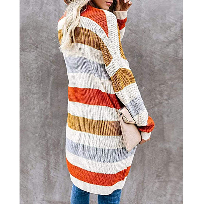 Beakey Women¡¯s Open Front Long Cardigan Strip Color Block Knit Fall Outwear Sweater-Yellow-AL6014