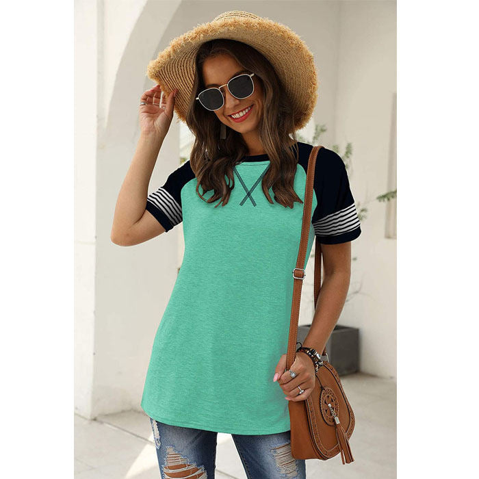 Beakey Womens T Shirts Round Neck Short Sleeve Striped Color Block Casual Tops-Green-025