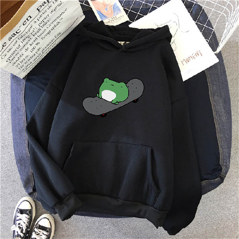 Beakey Womens Cute Hoodie Skateboarding Frog Long Sleeve Pullover-Black