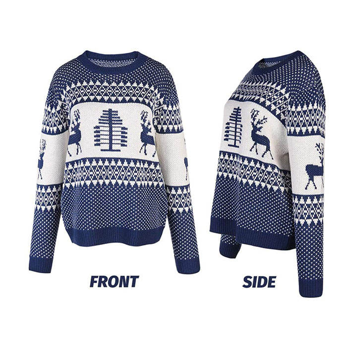 Beakey Women Long Sleeve Christmas Tree Reindeer Holiday Knit Sweater Pullover-Dark Blue-CFB0032