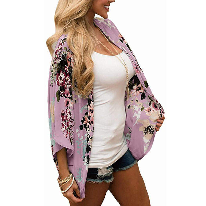 Beakey Women's Summer Floral Print Kimonos Loose Half Sleeve Chiffon Cardigan Blouses Casual Cover Up - Pink