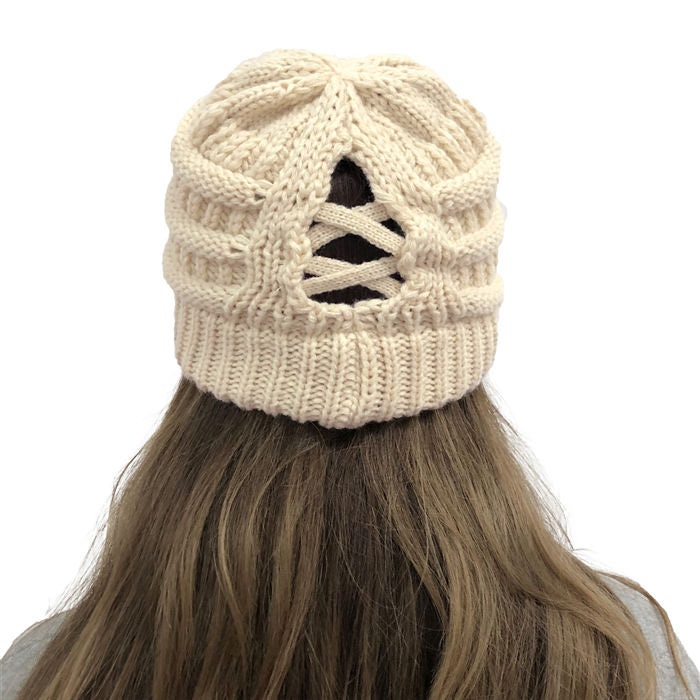Beakey Soft Stretch Cable Knit Hat Ponytail Beanie Winter Hat For Women-Beige