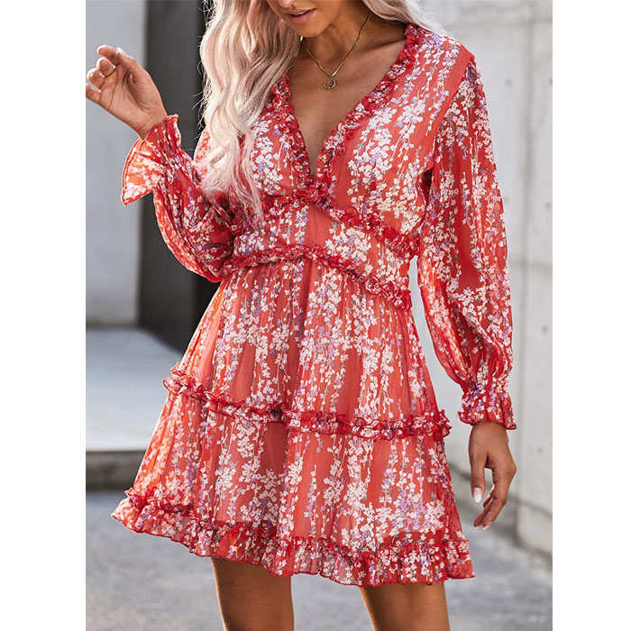 Beakey Womens Spring Summer Deep V Neck Ruffle Long Sleeve Mini Dress-Red-LC220829-1