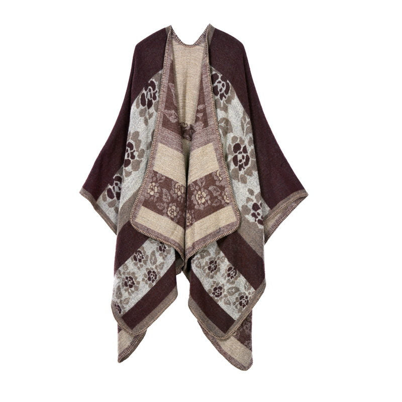 Beakey Womens Winter Reversible Oversized Blanket Cape Shawl-Flower Coffee