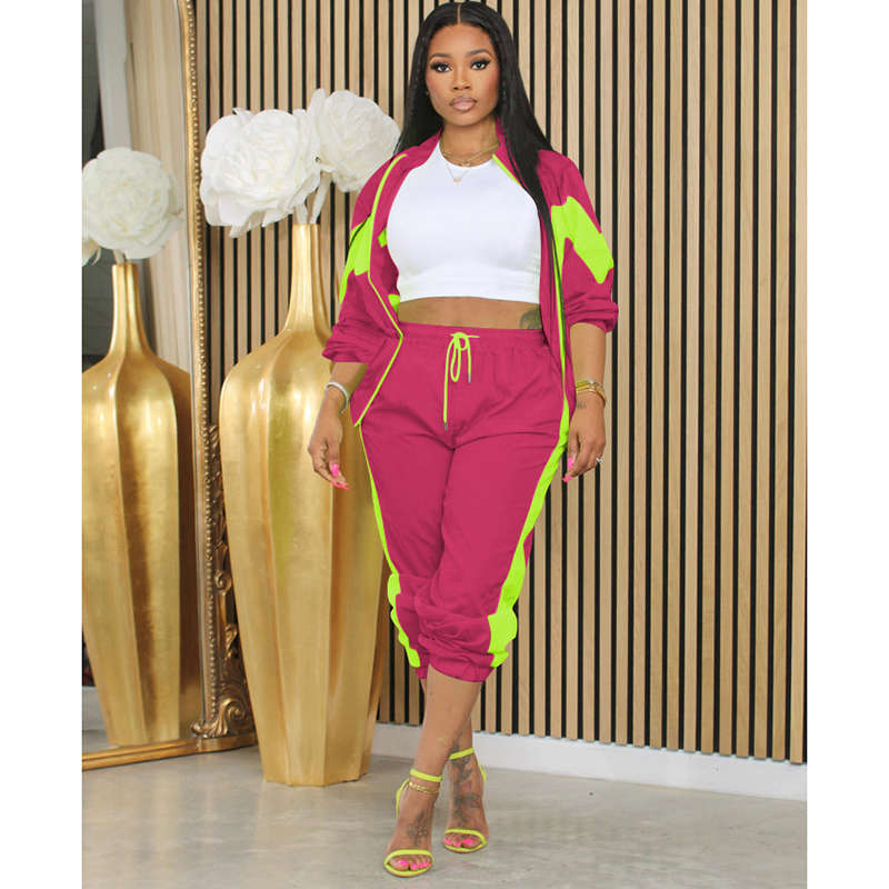 Beakey Womens Windbreaker Jacket Pants Colorblock Patchwork Tracksuit-Rose Red