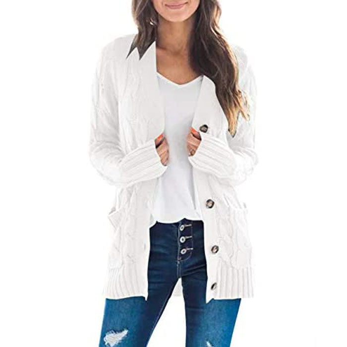 Beakey Women's Winter Keep Warm Long Sleeve Knit Sweater Cardigan Button Loose Outerwear-White-YL220187