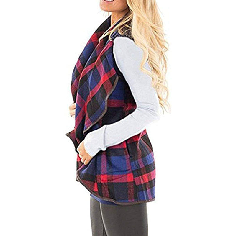 Beakey Womens Casual Lapel Open Front Plaid Vest Cardigan with Pockets-Blue