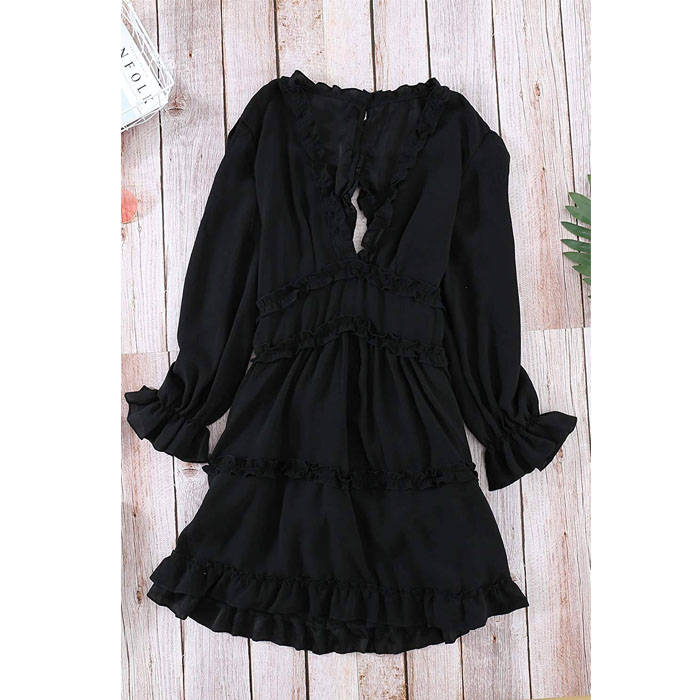 Beakey Womens Spring Summer Deep V Neck Ruffle Long Sleeve Mini Dress-Black-221766