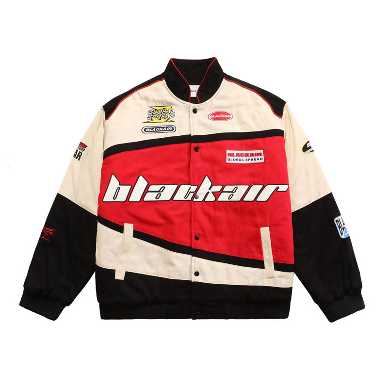 Beakey Motorcycle Jacket for Women Men Button-Down Baseball Coat-Red