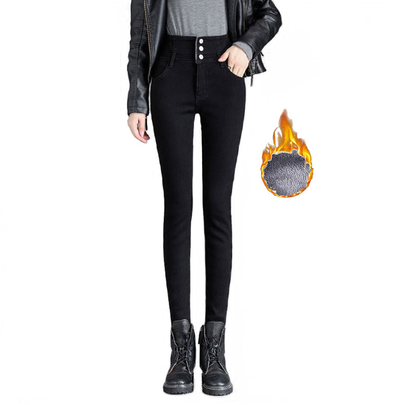 Beakey Womens Fleece Jeans Stretch Slim Fit High Waist Denim Pants-Black