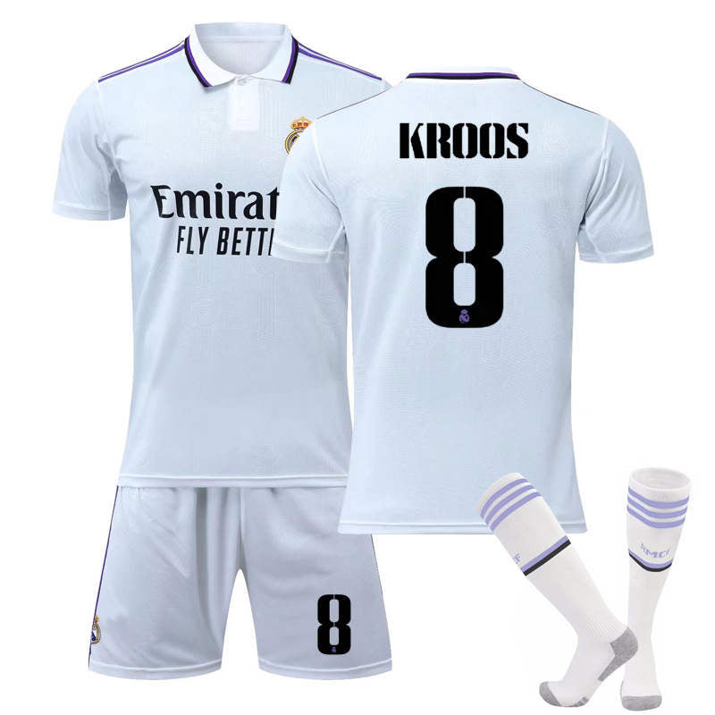 Beakey Real Madrid Home Jersey 2022-23 KROOS #8 Soccer Jersey Kids Adult 3-Pieces Jersey Kits
