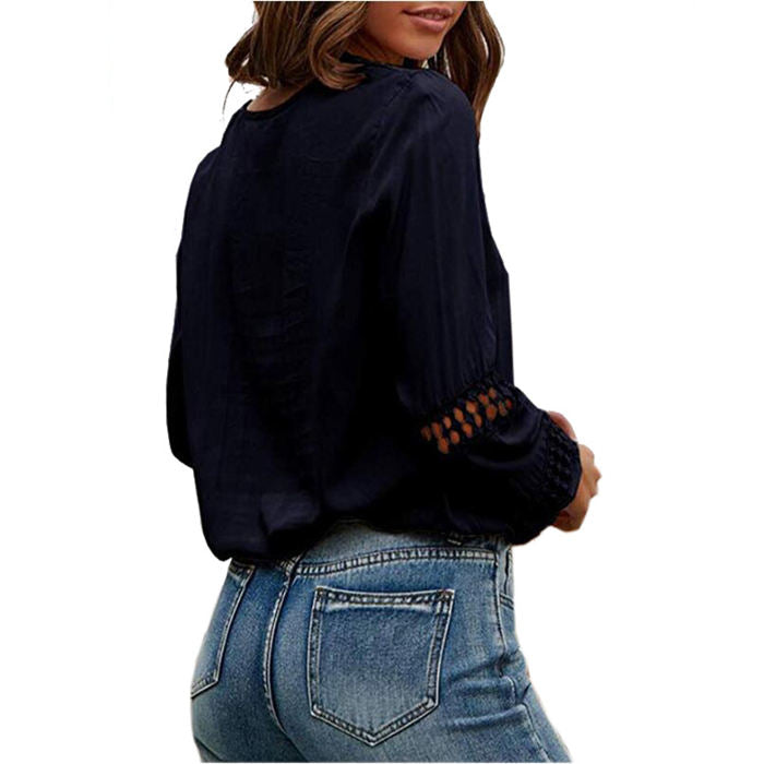 Beakey Womens V Neck Lantern Long Sleeve Blouse Hollow Out Casual Shirts-Dark Blue-80082