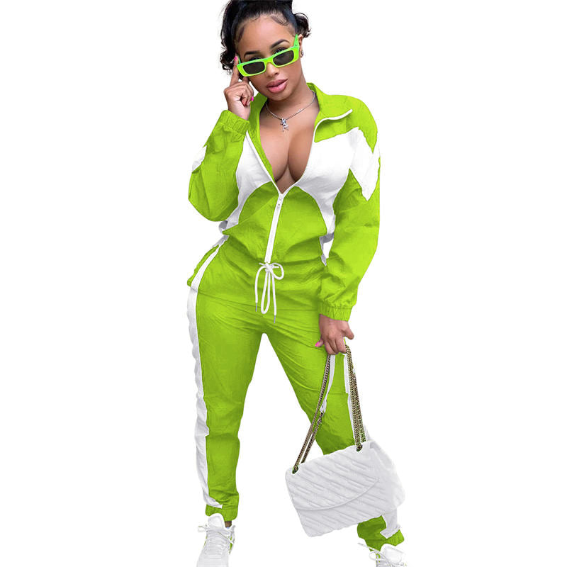Beakey Womens Windbreaker Jacket Pants Colorblock Patchwork Tracksuit-Light Green