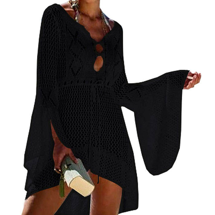 Beakey Women Beach Swimsuit for Women Flared Sleeves Coverups Bikini Loose Cover Up Net-Black