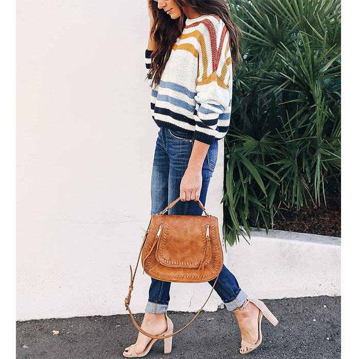 Beakey Women Sweaters Long Sleeve Crew Neck Striped Oversized Casual Knitted Tops-Navy-F80134