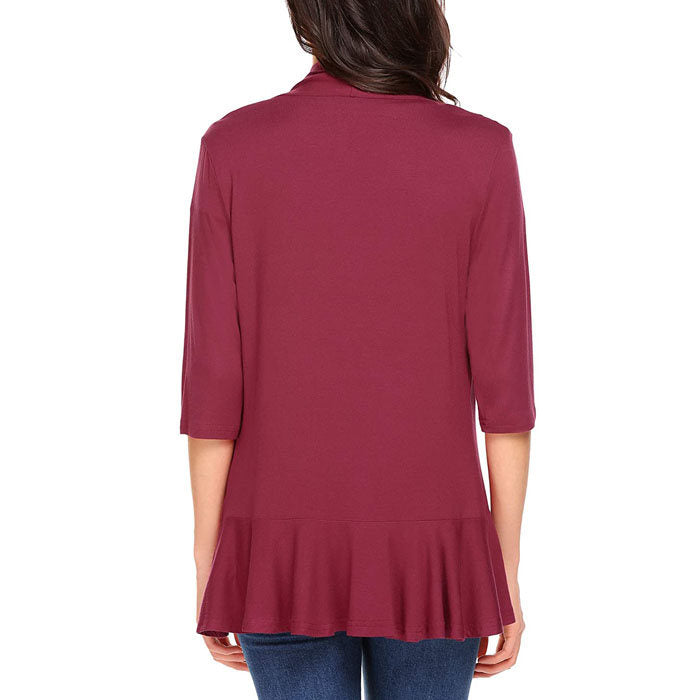 Beakey Women's Open Front Cardigan 3/4 Sleeve Draped Ruffles Soft Knit Sweaters-Wine Red-8012