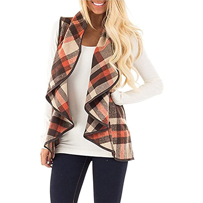 Beakey Womens Casual Lapel Open Front Plaid Vest Cardigan with Pockets-Khaki