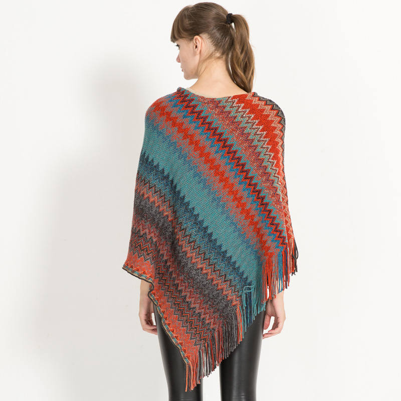 Beakey Womens Stripe Knitted Poncho Top with Tassel-Red