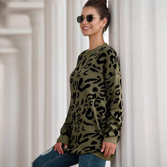 Beakey Women¡¯s Leopard Print Long Sleeve Knitted Oversized Pullover Sweaters-Army Green-HT20200301