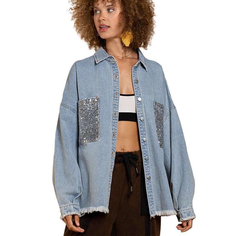 Beakey Sequins Denim Jacket for Women Oversized Distressed Jean Outwear-Blue