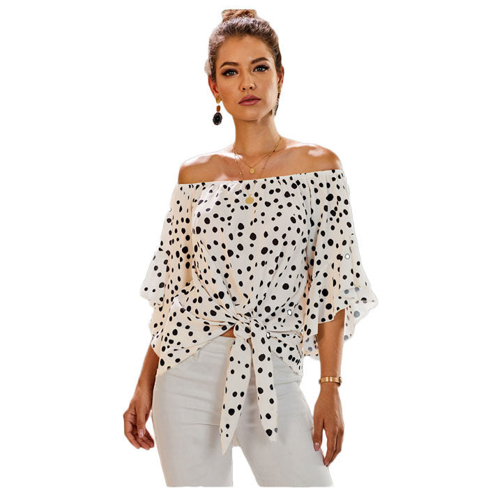 Beakey Womens Wave Point Off Shoulder Tops 3/4 Flared Sleeve Tops Casual Tie Knot-White-LC252344
