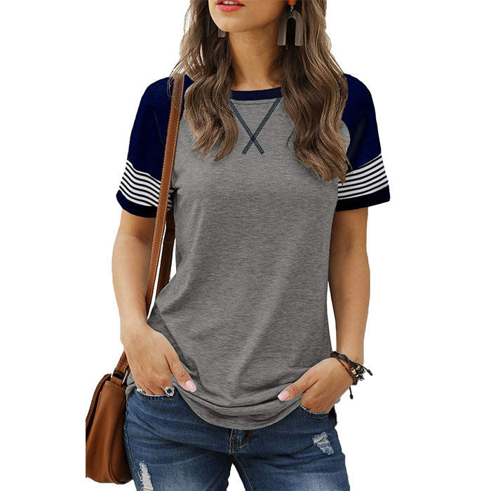 Beakey Womens T Shirts Round Neck Short Sleeve Striped Color Block Casual Tops-Gray-025