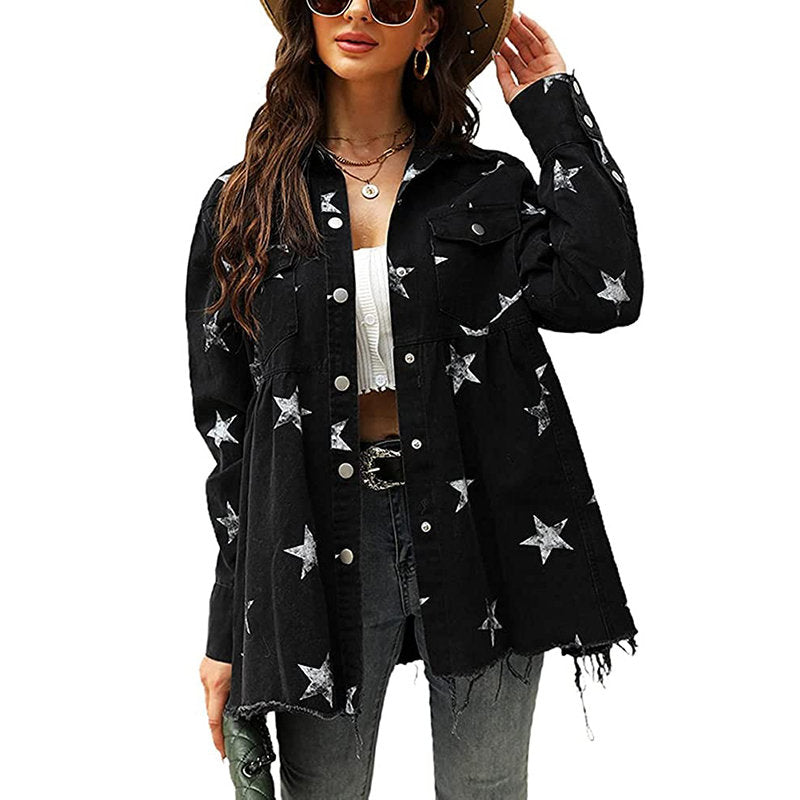 Beakey Star Print Jacket for Women Frayed Hem Distressed Denim Coat-Black