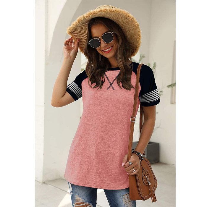Beakey Womens T Shirts Round Neck Short Sleeve Striped Color Block Casual Tops-Pink-025