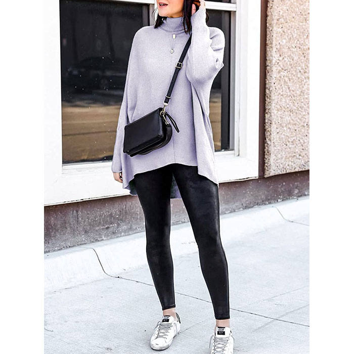 Beakey Womens Turtleneck Long Sweater Batwing Sleeve Asymmetric Hem Pullover Knit Tops-Gray-YY528