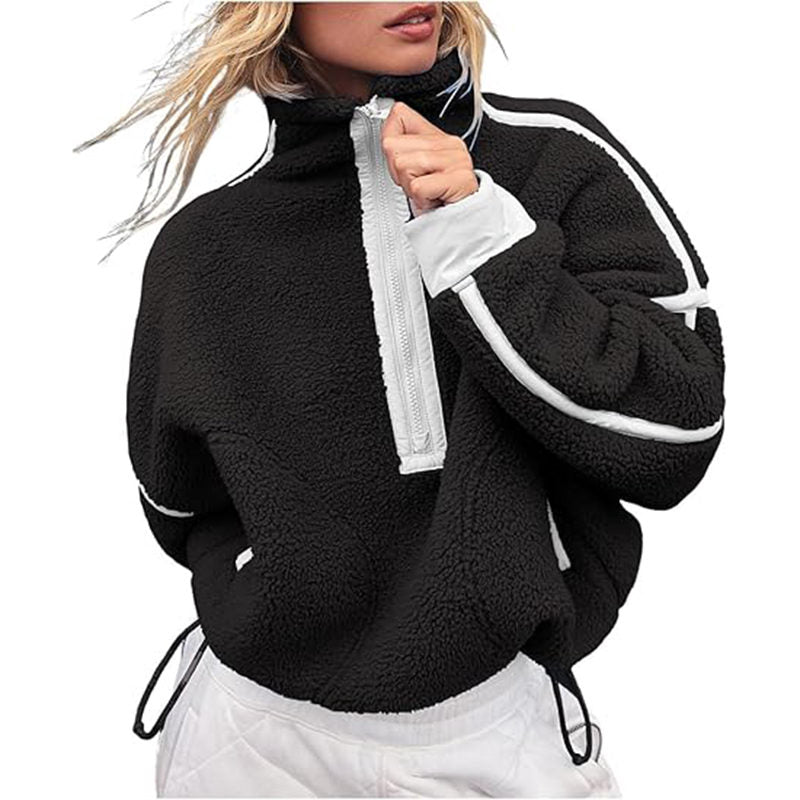Beakey Womens Fleece Sweatshirts Half Zip Workout Crop Tops with Pockets-Black