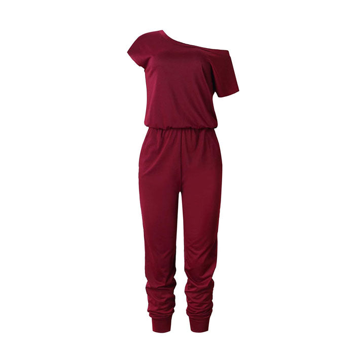 Beakey Women's Loose Solid Off Shoulder Elastic Waist Stretchy Long Romper Jumpsuit with Pockets - Fuchsia