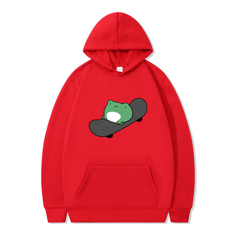 Beakey Womens Cute Hoodie Skateboarding Frog Long Sleeve Pullover-Red