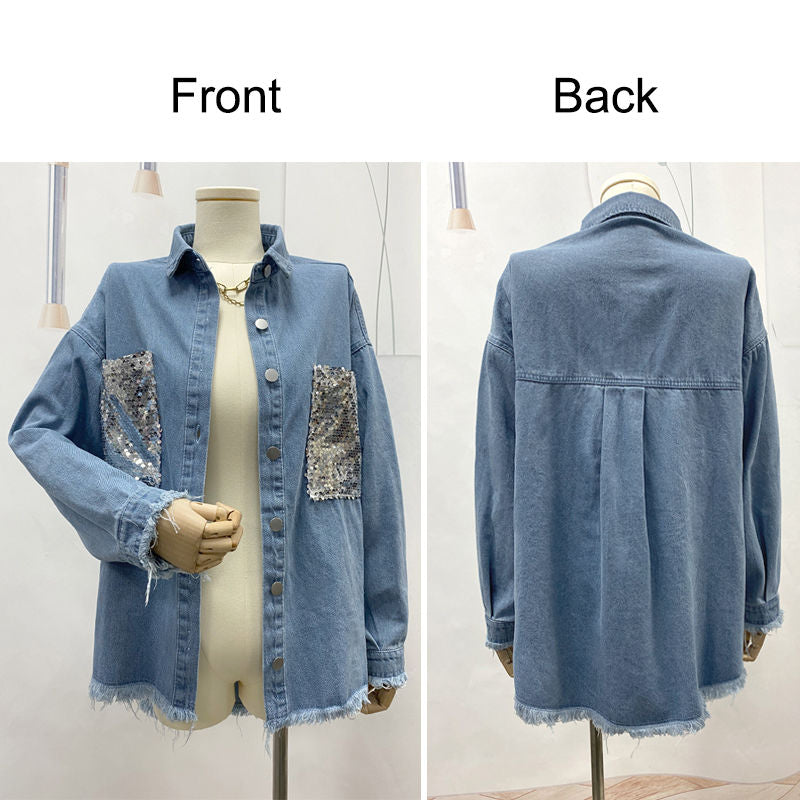 Beakey Sequins Denim Jacket for Women Oversized Distressed Jean Outwear-Blue