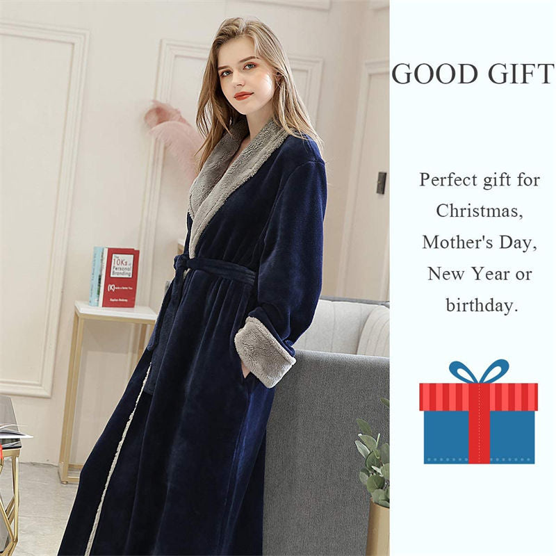 Beakey Womens Winter Robe Soft Plush Warm Spa Long Bathrobe Pajamas-Navy Blue