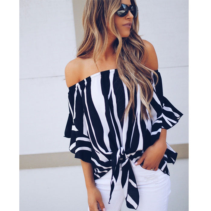 Beakey Women's Striped Printed Off Shoulder Bell Sleeve Shirt Tie Knot Casual Blouses Tops-Black-8802