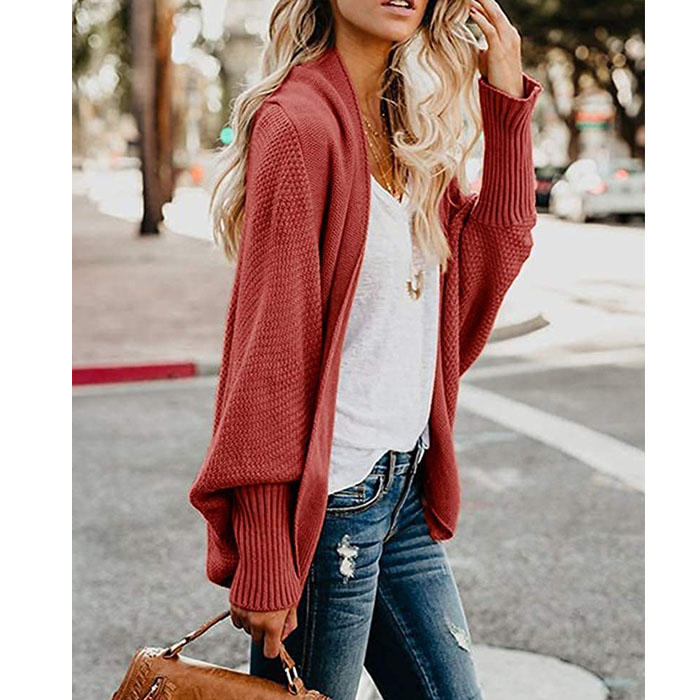 Beakey Women's Batwing Knitted Oversized Slouchy Solid Cardigan Sweater Knit Outwear-Rust Red