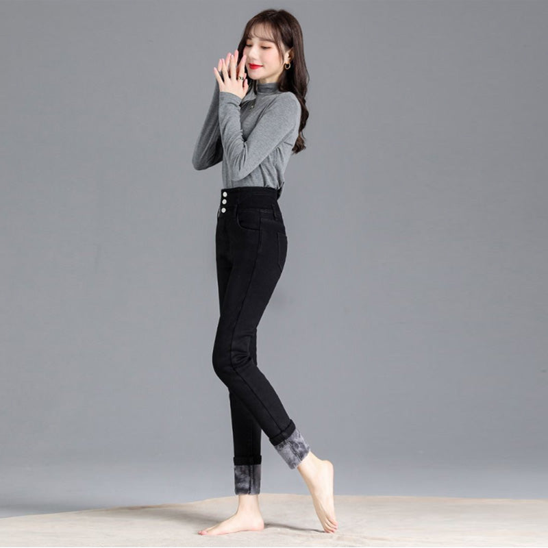 Beakey Womens Fleece Jeans Stretch Slim Fit High Waist Denim Pants-Black