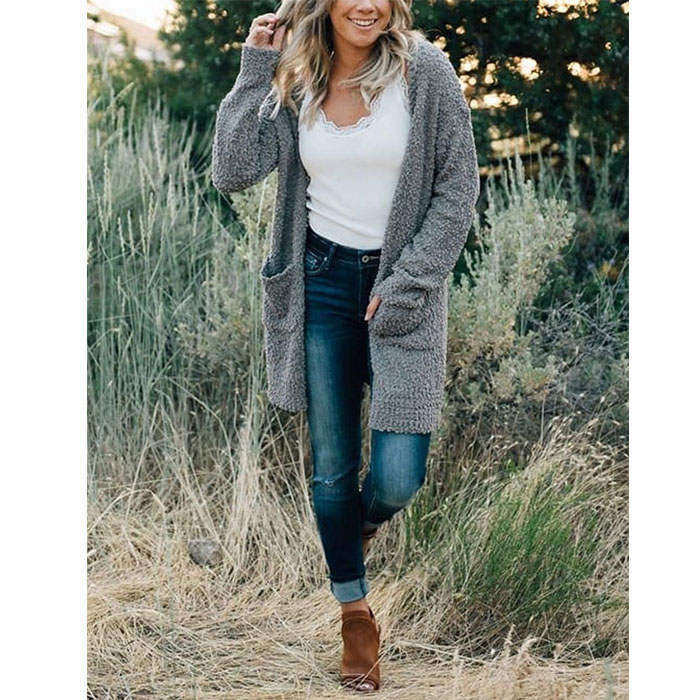 Beakey Women's Winter Long Sleeve Soft Chunky Knit Sweater Cardigan Outwear-Gray-YL1305
